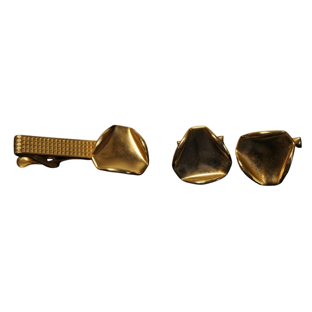 Vintage Gold Tone Tie Bar & Cufflinks Set Abstract Modernist Mid Century‎